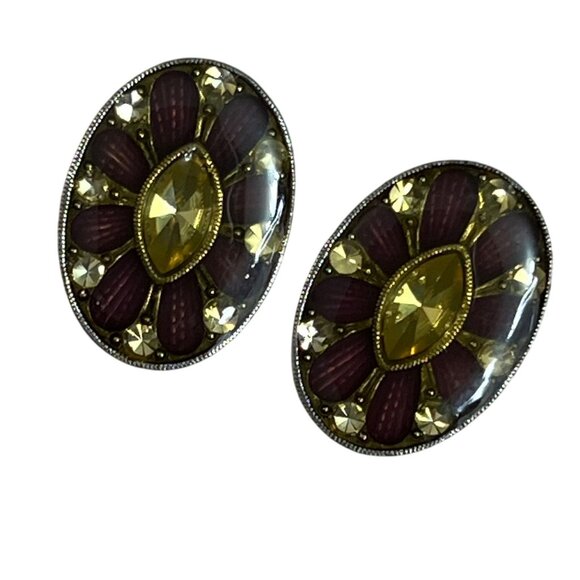 Vintage Art Deco Style Earrings Clip On Burgundy Yellow Silver Tone Oval Rhinest - Picture 1 of 5